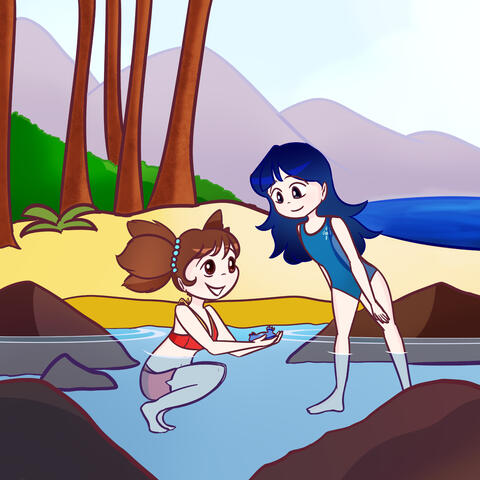 A tide pool rendezvous between Yuna Kamihara and Mako, art trade by Salty-Nebula.