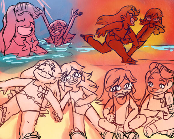 A sketchsheet of Mako/Mimi beach fluff. By Dashnroll.