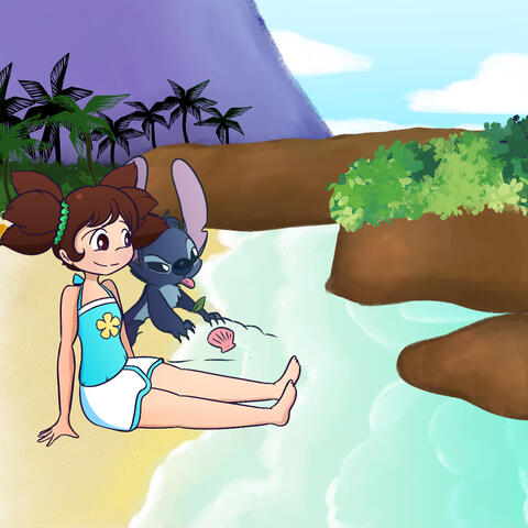 A beachside esper (Yuna Uehara) and her Stitch, art trade by Salty-Nebula.